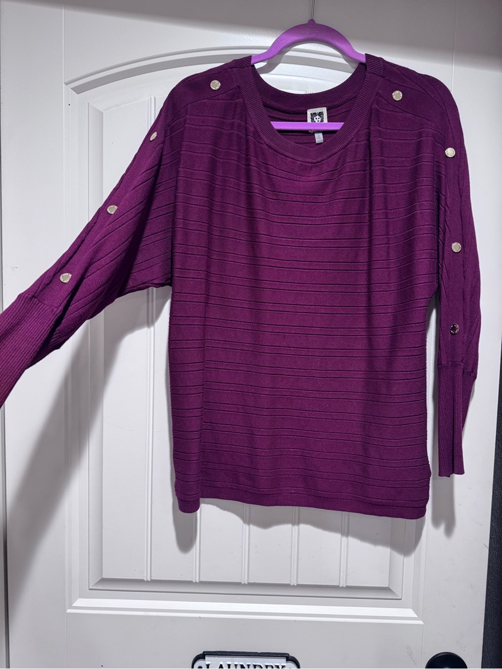 Anne Klein Maroon Button-Sleeve Ribbed Knit Top